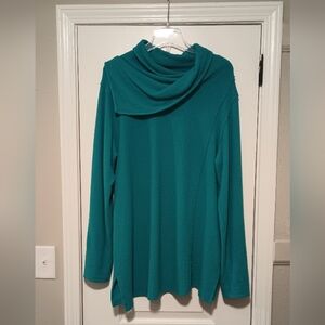 Soft Surroundings long stretchy teal tunic  asymmetrical cowl neck Large